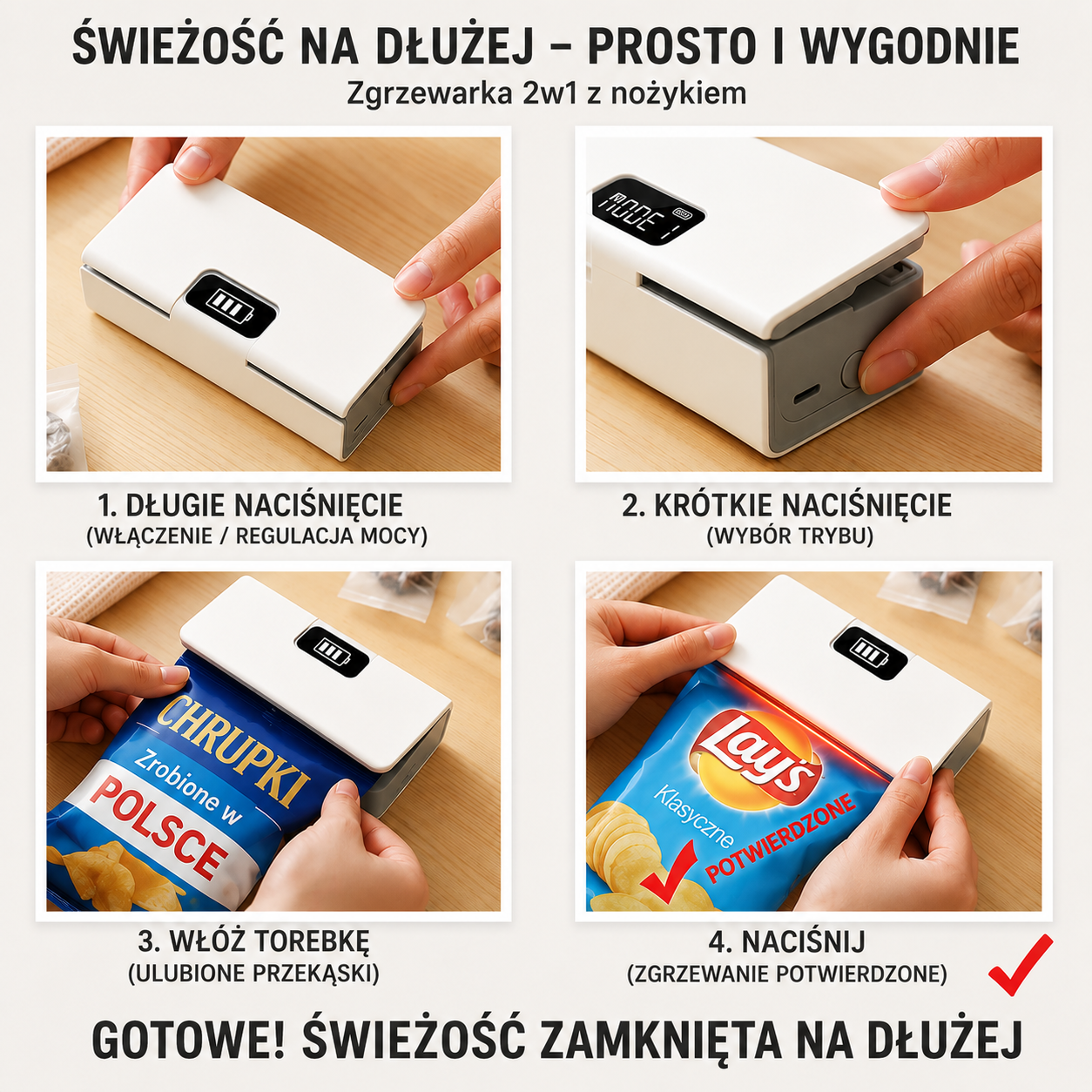 Nevoor™ FreshLock Mini – Akumulatorowa Zgrzewarka do Torebek 2w1 z Wyświetlaczem LED