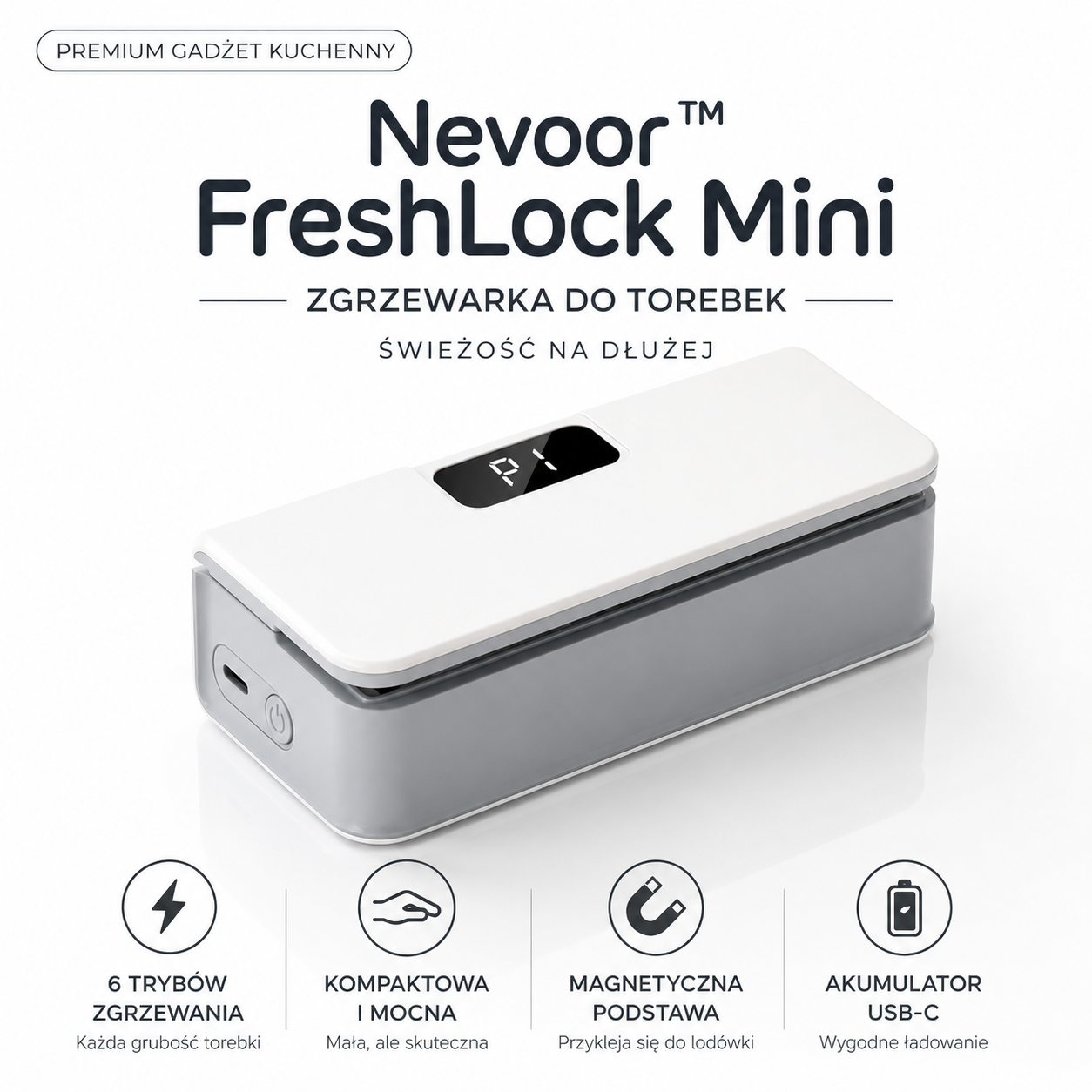Nevoor™ FreshLock Mini – Akumulatorowa Zgrzewarka do Torebek 2w1 z Wyświetlaczem LED