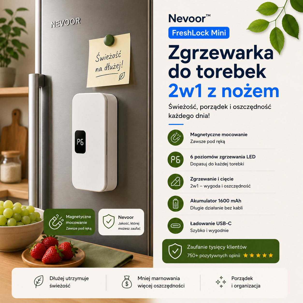 Nevoor™ FreshLock Mini – Akumulatorowa Zgrzewarka do Torebek 2w1 z Wyświetlaczem LED